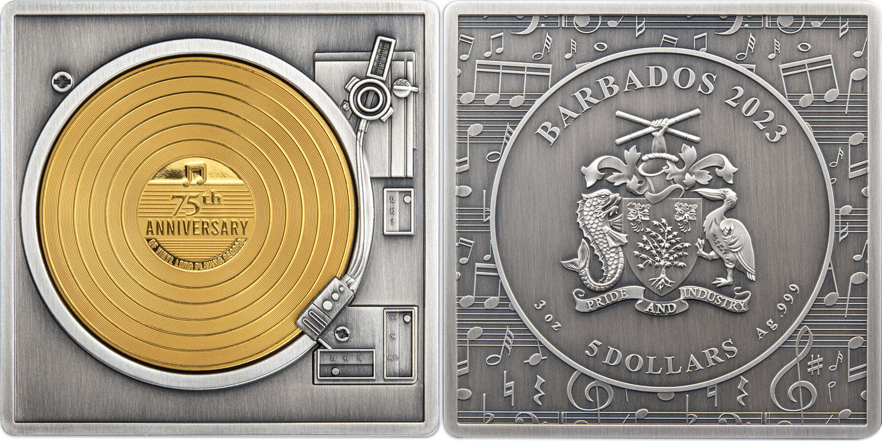 5 Dollars VINYL RECORD 3 Oz Silver Coin 5 Barbados 2023 Antique Finish Русские монеты из