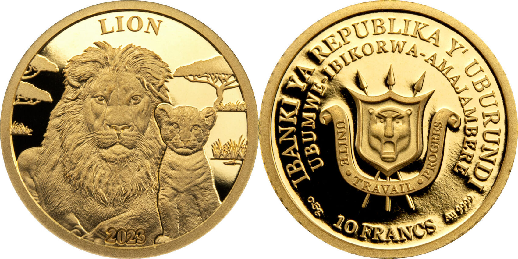 LION Small Gold Coin 10 Francs Burundi 2023 Proof