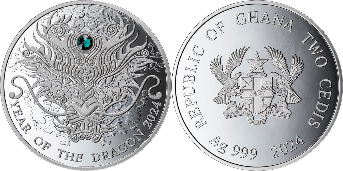 DRAGON Lunar Year 1 2 Oz Silver Coin 2 Cedis Ghana 2024 Proof