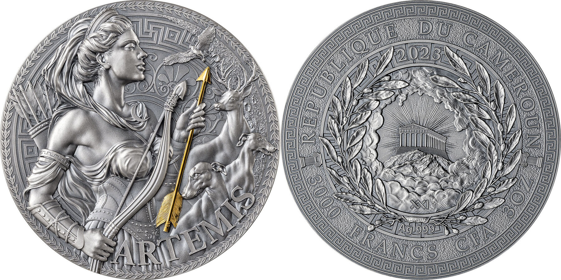 ARTEMIS Great Greek Mythology 3 Oz Silver Coin 3000 Francs Cameroon 2023  Antique Finish | MA-Shops