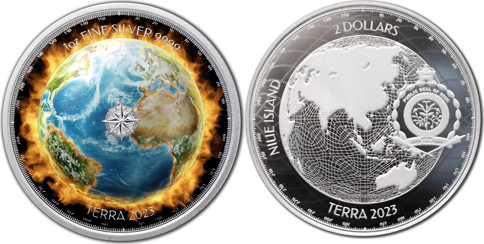 2 Dollars BURNING EARTH Global Warming Terra 1 Oz Silver Coin 2$ Niue 2023 BU-Brilliant Uncirculated