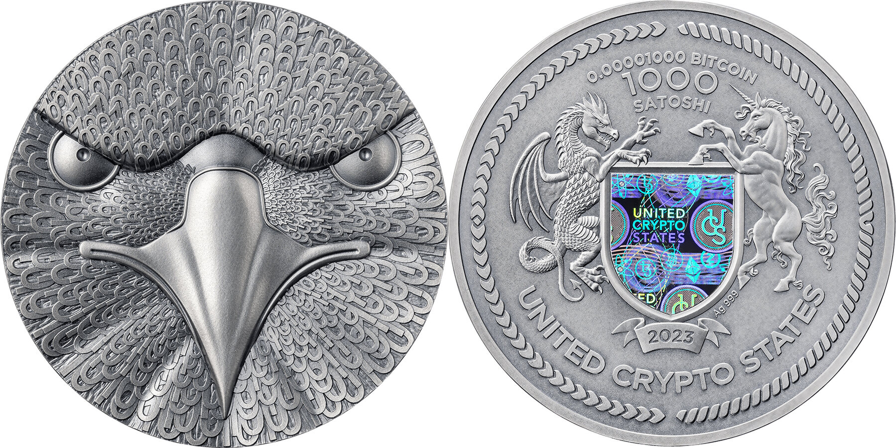 1.000 Satoshi BINARY EAGLE Cryptocurrency 2 Oz Silver Coin 1000 Satoshi  United Crypto States 2023 Antique Finish | MA-Shops