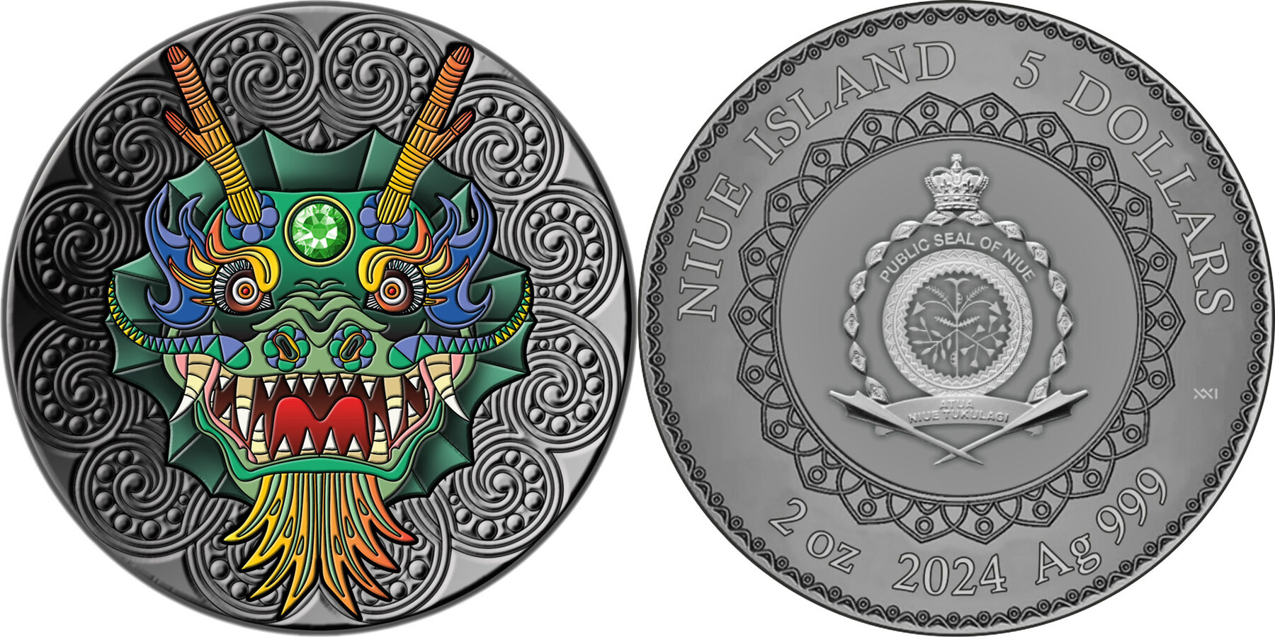 5 Dollars DRAGON Mandala Art 2 Oz Silver Coin 5 Niue 2024 Antique   Combined5276 