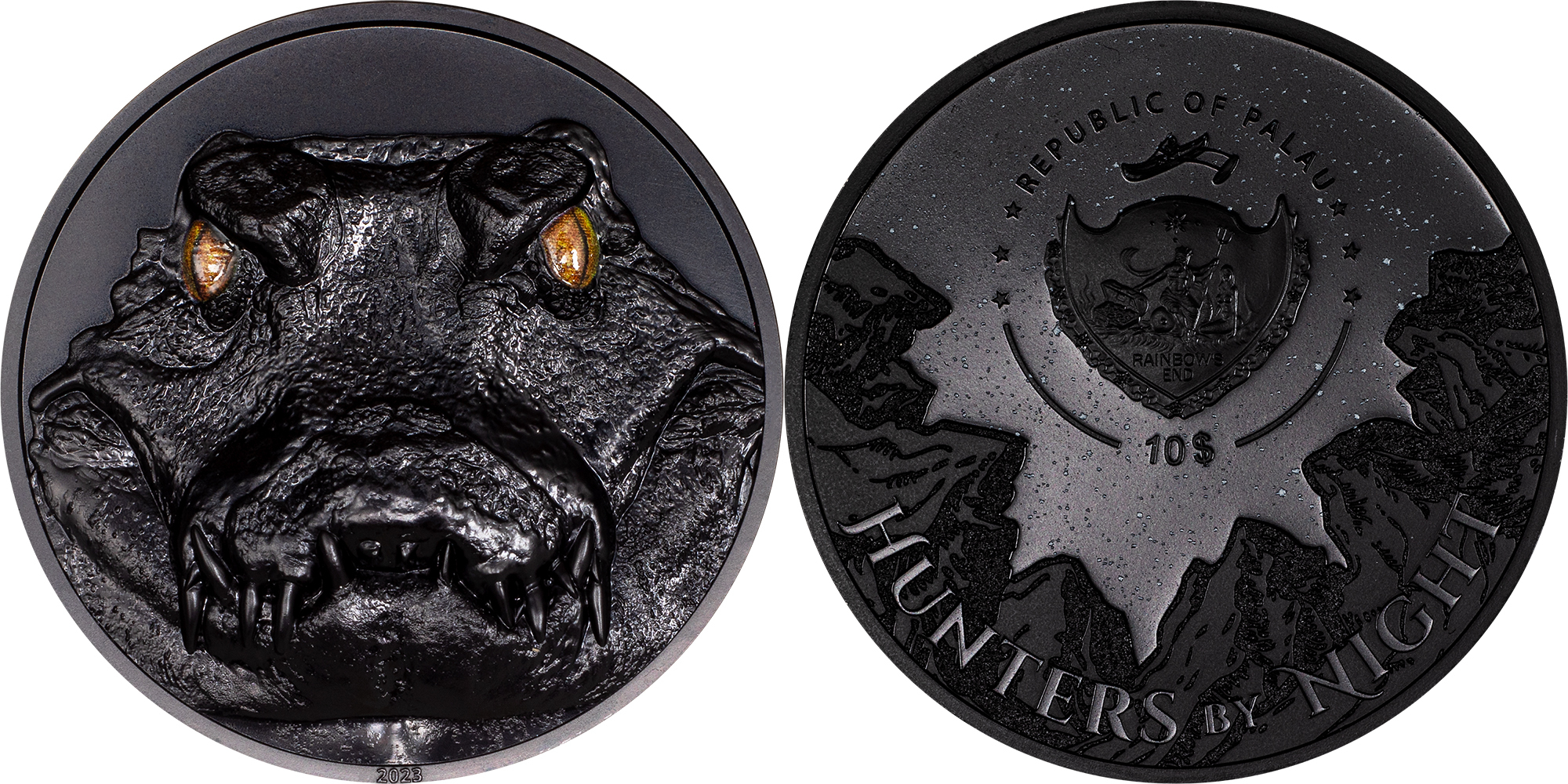 10 Dollars CAIMAN Hunters By Night 2 Oz Silver Coin 10$ Palau 2023 