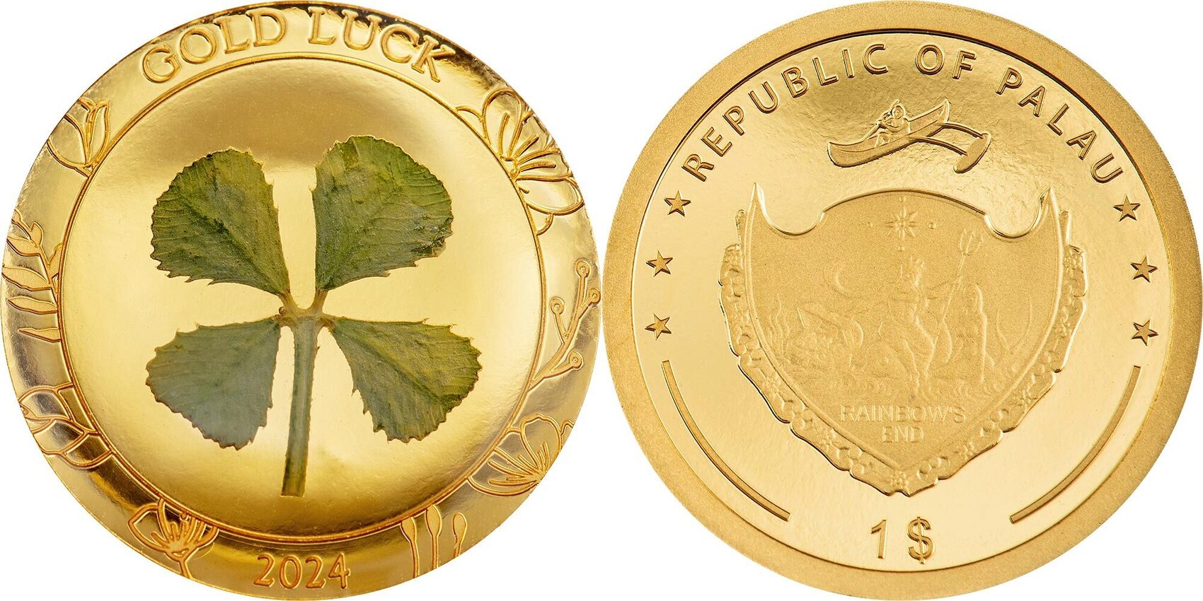 1 Dollar OUNCE OF LUCK Four Leaf Clover Gold Coin 1$ Palau 2024 Proof |  MA-Shops