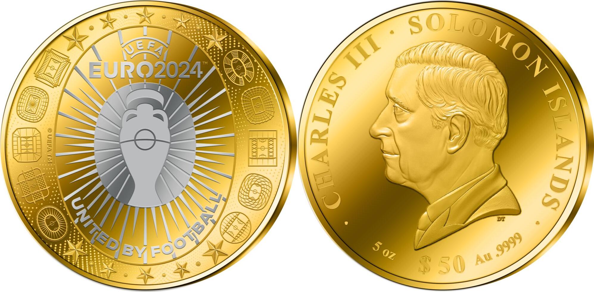 50 Dollars STADIUM Uefa Euro Cup 5 Oz Gold Coin 50 Solomon