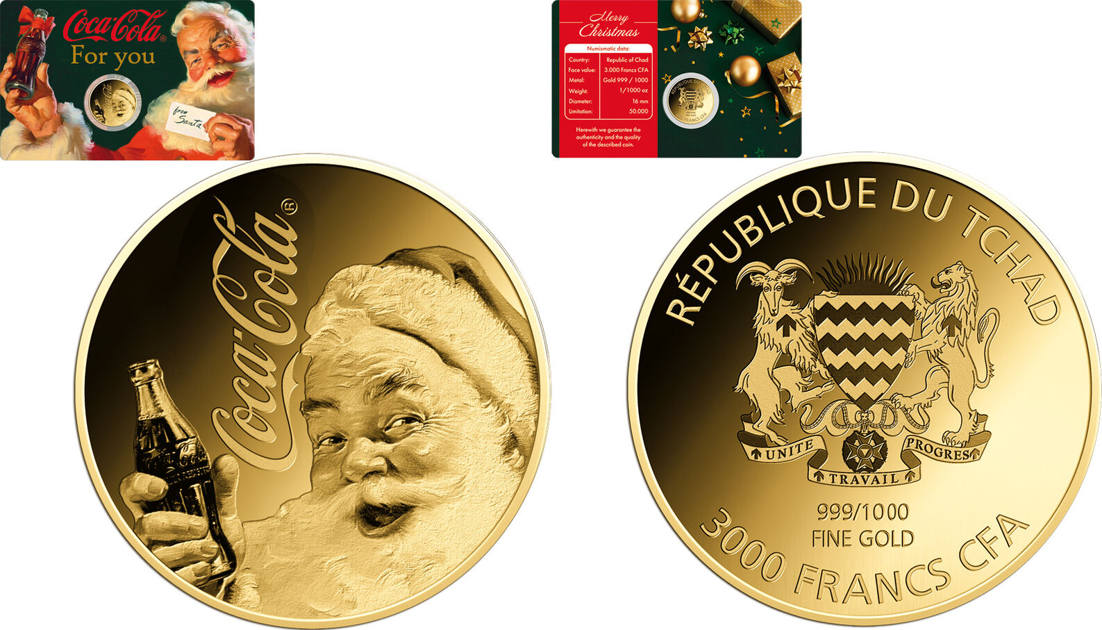 COCA COLA FOR YOU FROM SANTA 1/1000 Oz Gold Coin 3000 Francs Chad Prooflike  | MA-Shops