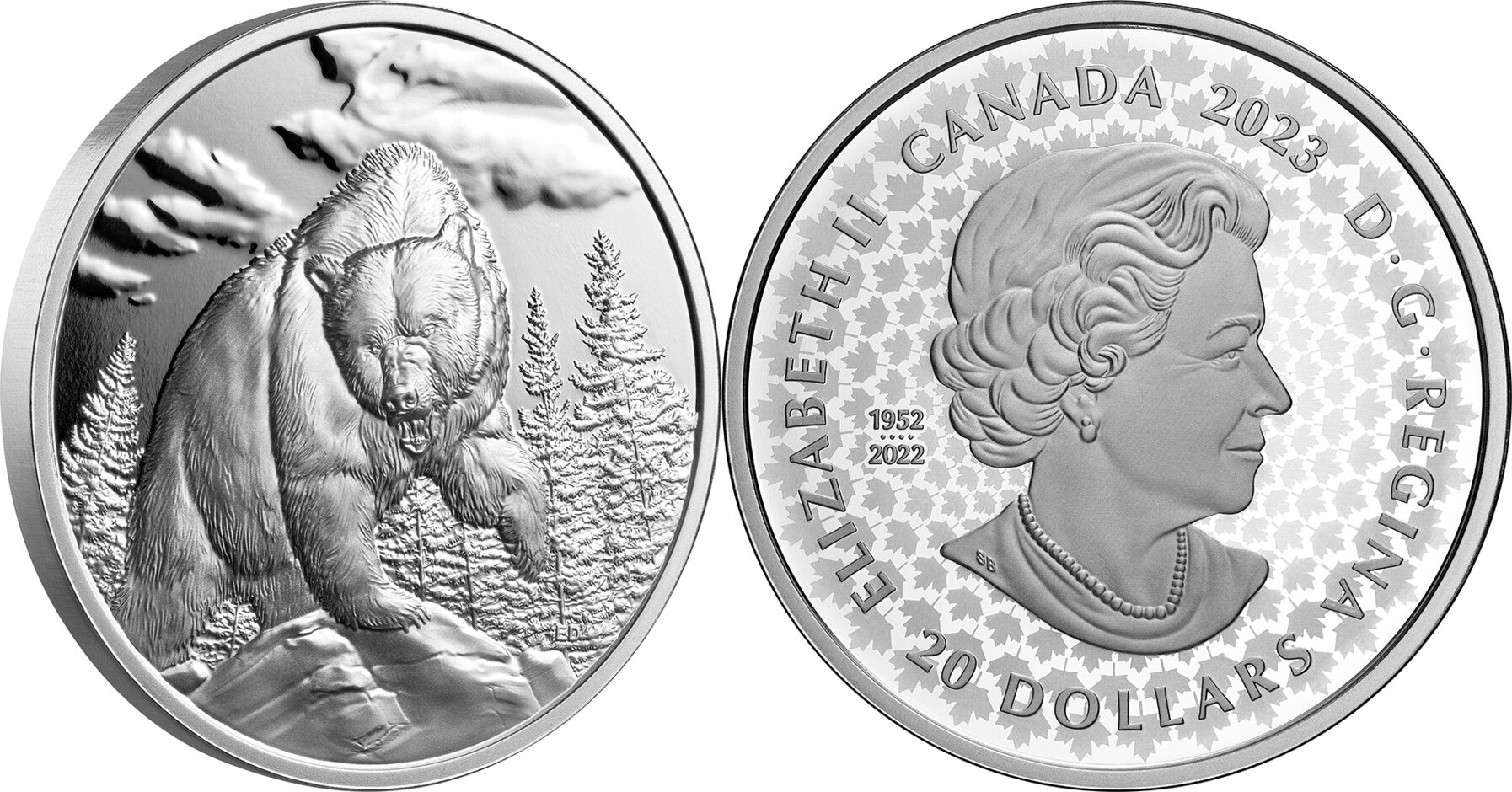 20 Dollars GRIZZLY BEAR Great Hunters Silver Coin 20 Canada 2023