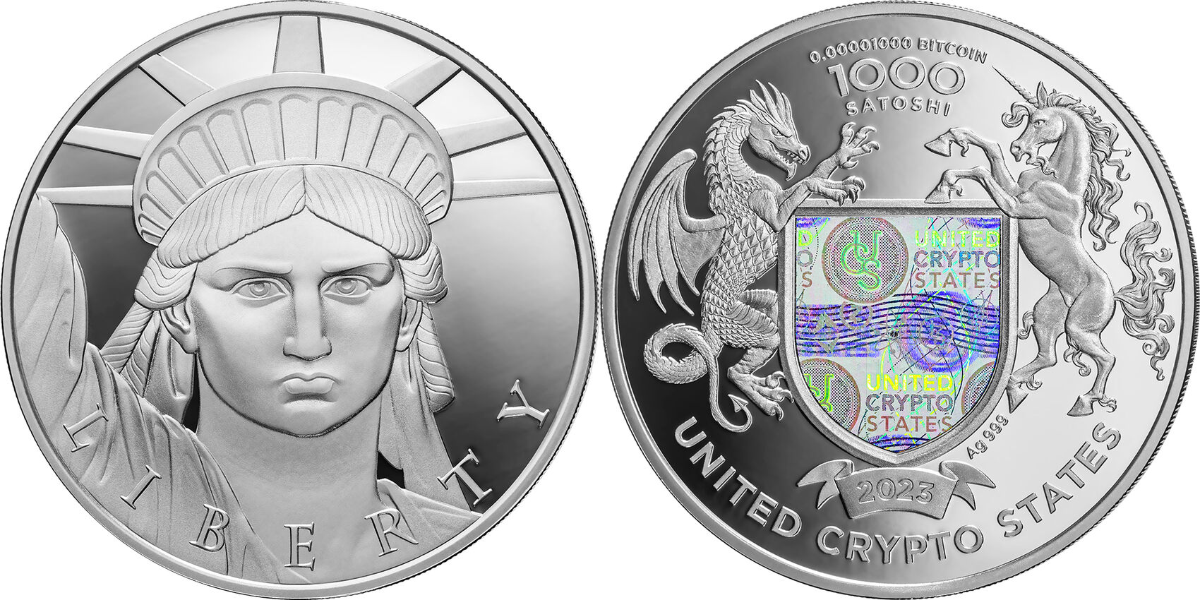 STATUE OF LIBERTY Cryptocurrency 1 Oz Silver Coin 1000 Satoshi United  Crypto States 2023 Proof