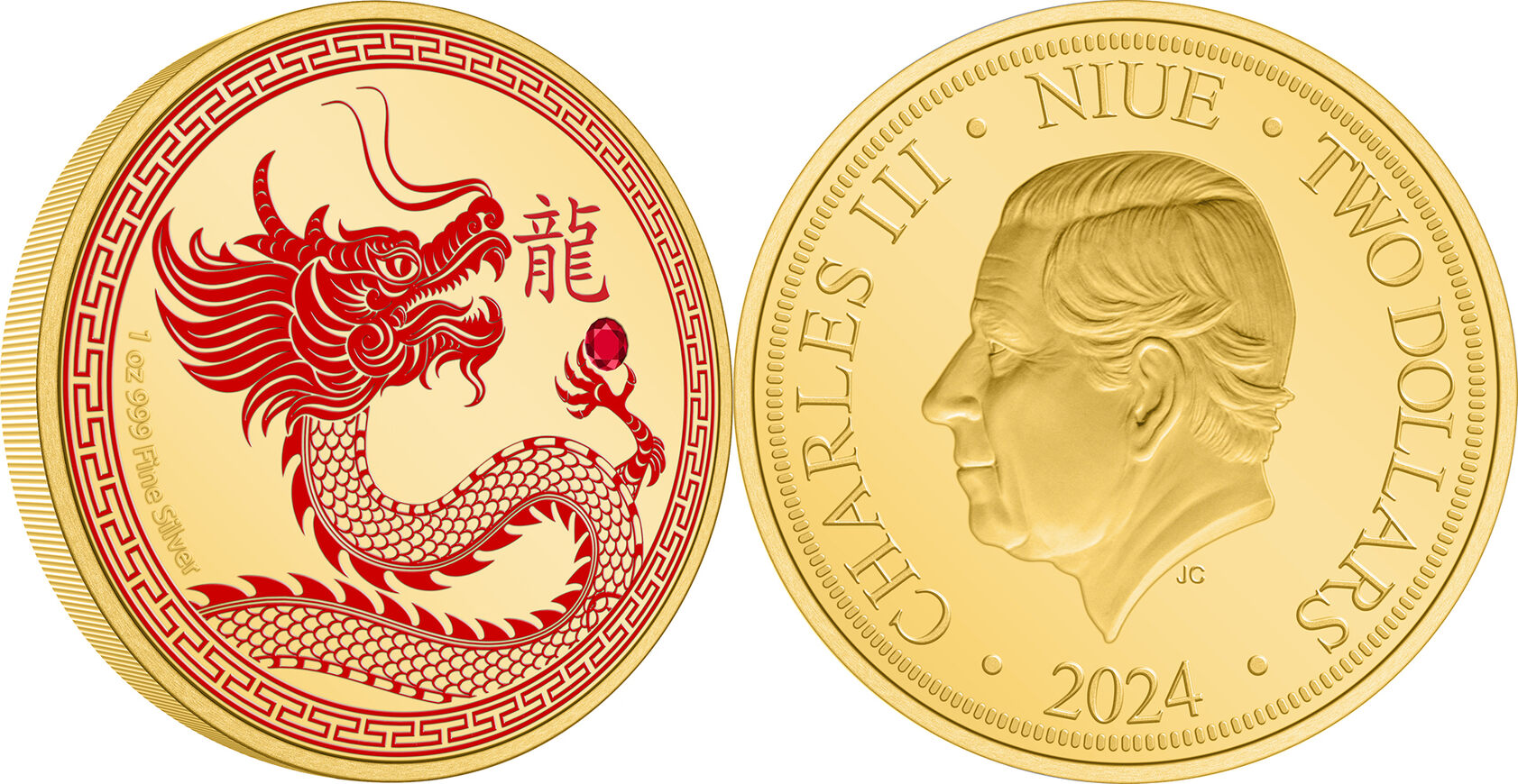 2 Dollars DRAGON Lunar Year Gilded 1 Oz Siver Coin 2 Niue 2024 Proof