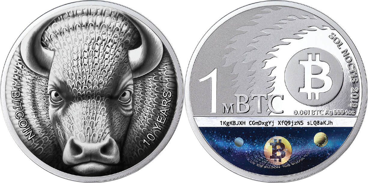 2019 1 Oz Silver BINARY BULL Sol Noctis 10th Anniv Bitcoin Coin 1 BTC Cent Coin
