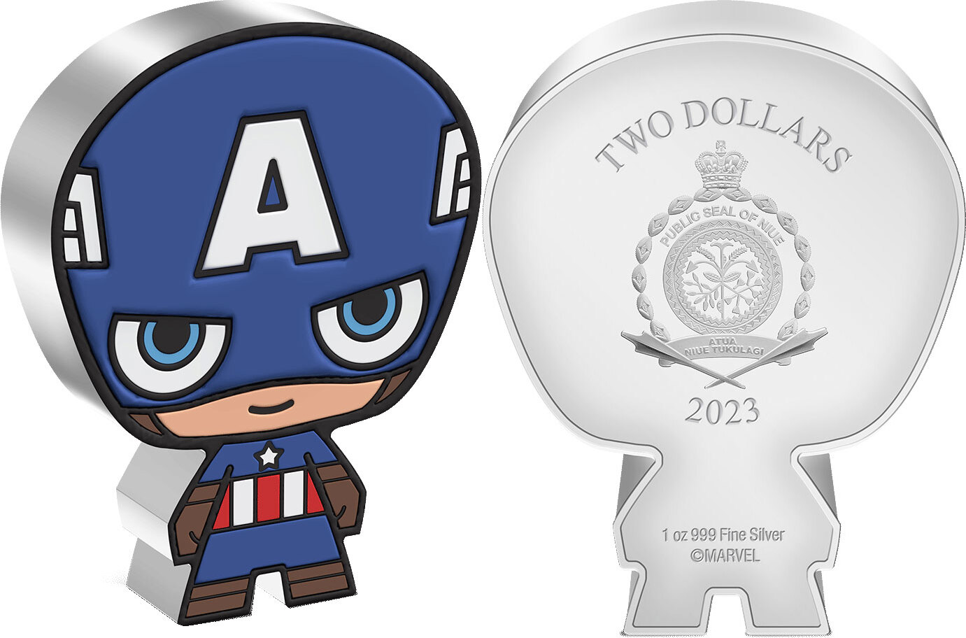 2 Dollars CAPTAIN AMERICA Chibi Marvel 1 Oz Silver Coin 2$ Niue 2023 Proof  | MA-Shops