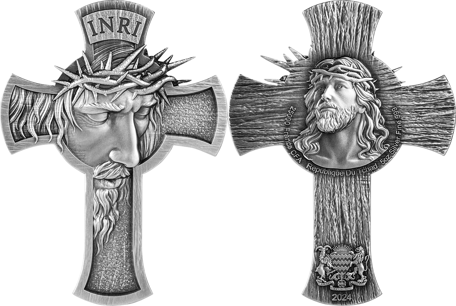 JESUS CROSS 5 Oz Silver Coin 25000 Francs Chad 2024 Antique Finish MA   Combined5591 