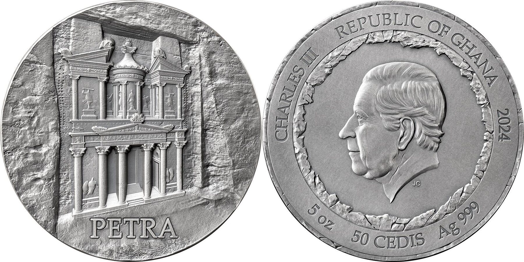 PETRA Rock Cut Monuments 5 Oz Silver Coin 50 Cedis Ghana 2024