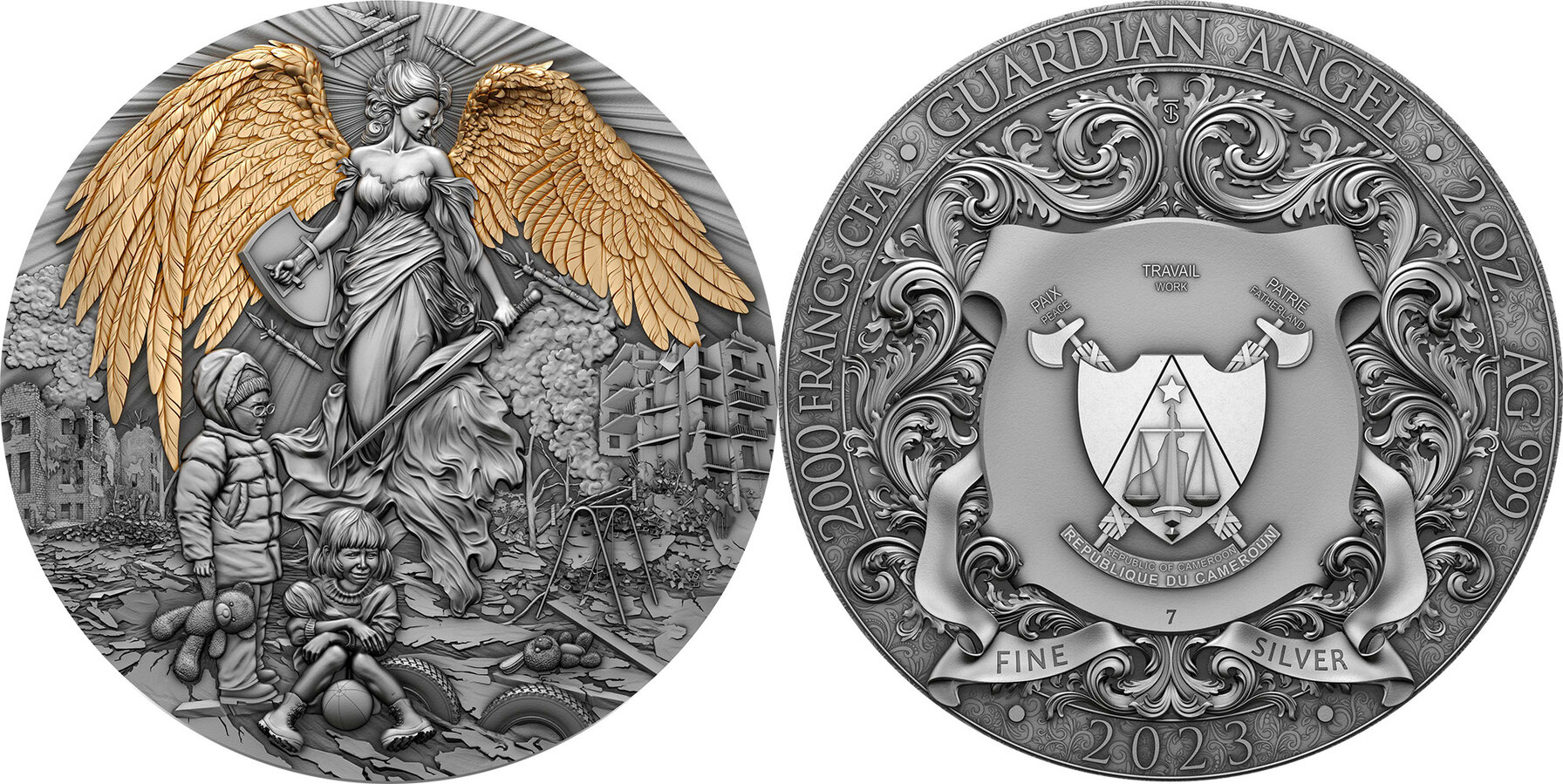 GUARDIAN ANGEL 2 Oz Silver Coin 2000 Francs Cameroon 2023 Antique