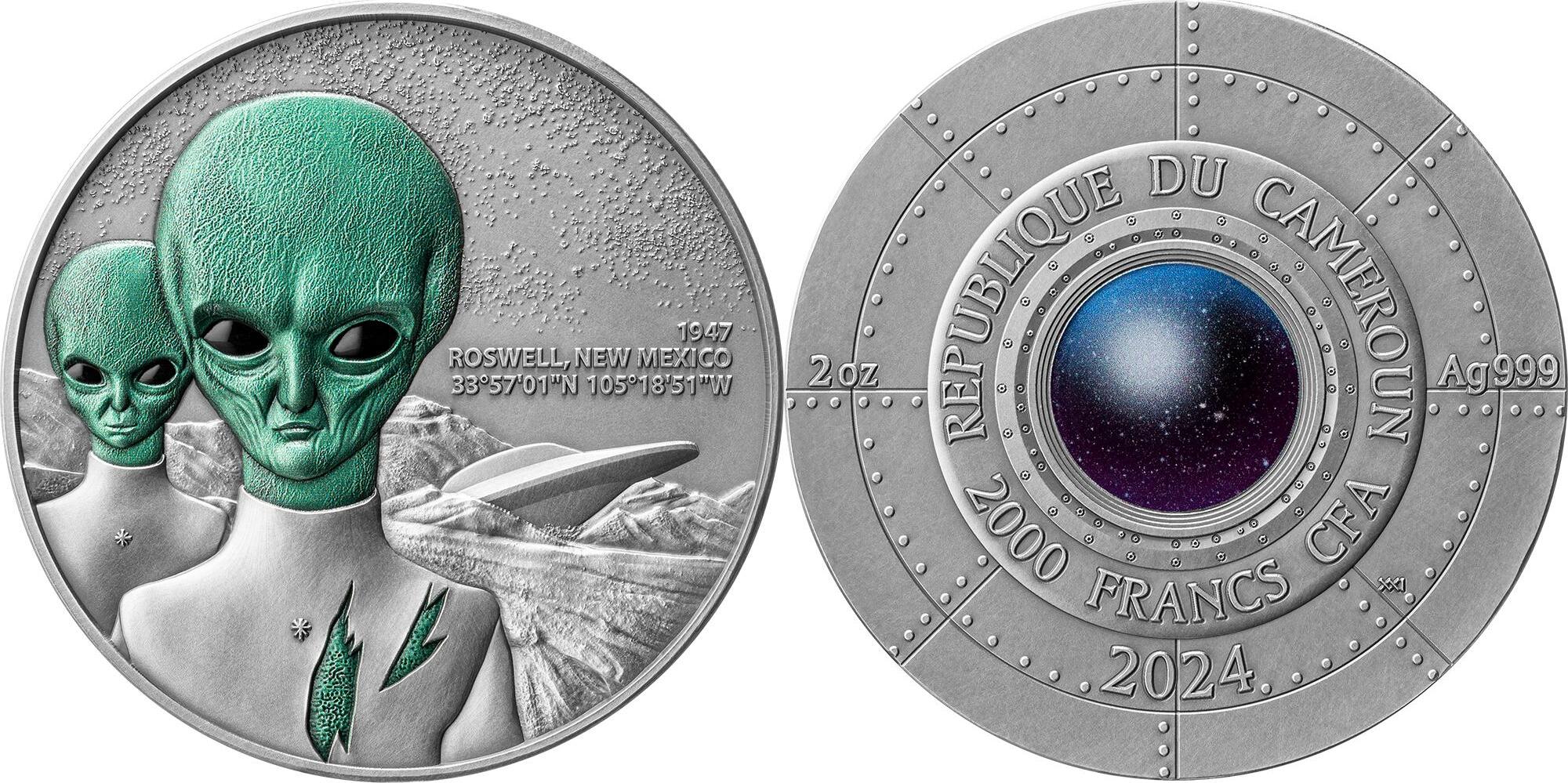 ROSWELL UFO INCIDENT Interstellar Phenomena 2 Oz Silver Coin 2000 Francs  Cameroon 2024 Antique Finish | MA-Shops