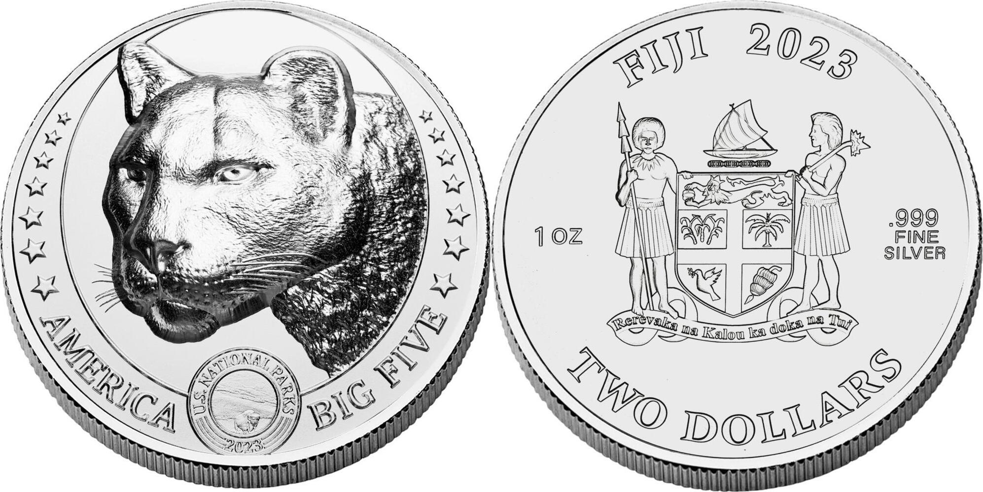 2 Dollars MOUNTAIN LION America Big Five 1 Oz Silver Coin 2$ Fiji 2023  Burnished Finish | MA-Shops