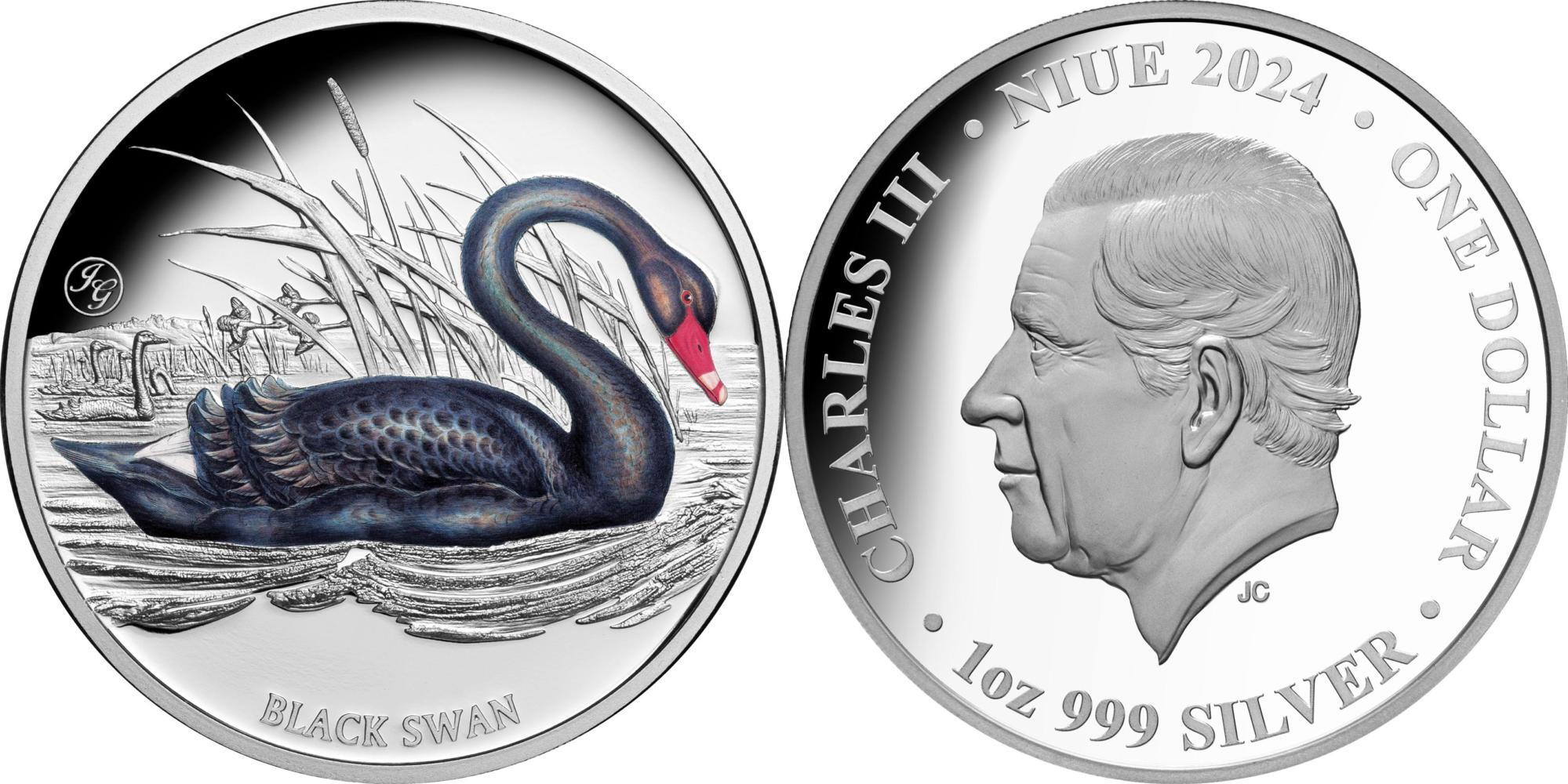 1 Dollar BLACK SWAN Birds of Australia 1 Oz Silver Coin 1$ Niue 2024 Proof  | MA-Shops