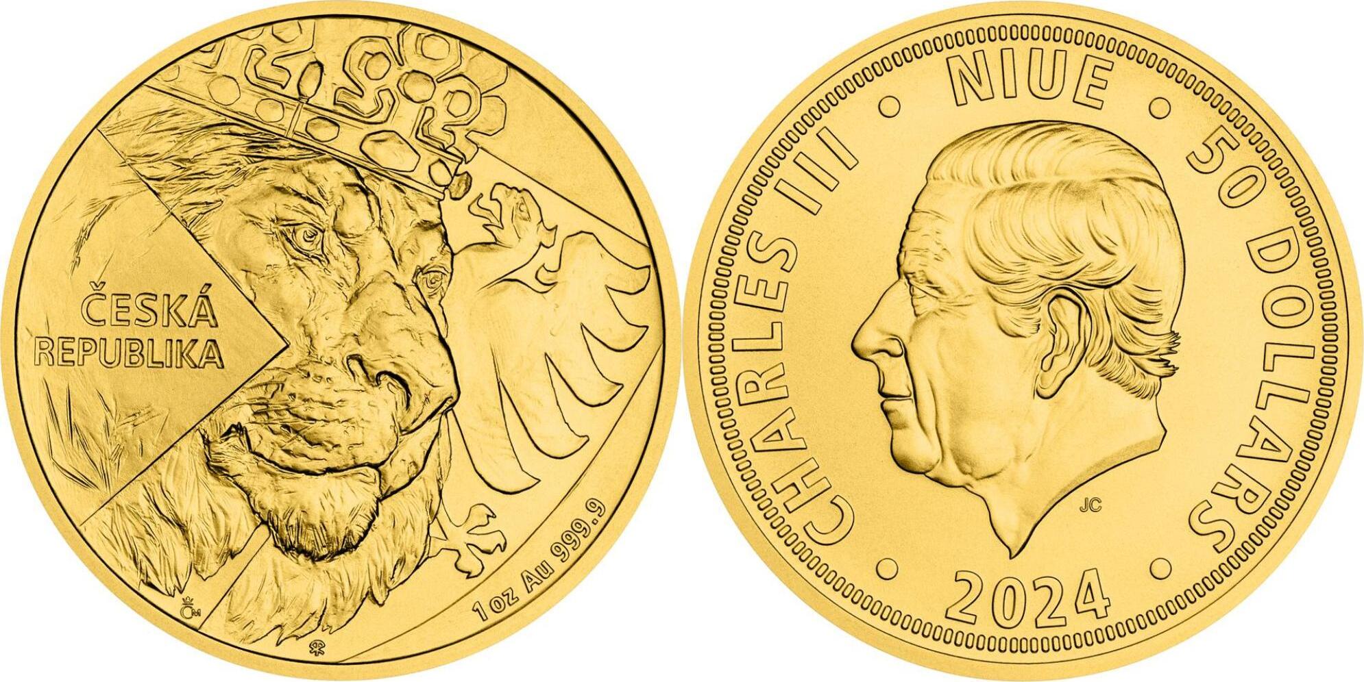 50 Dollars CZECH LION 1 Oz Gold Coin 50 Niue 2024 BU Brilliant