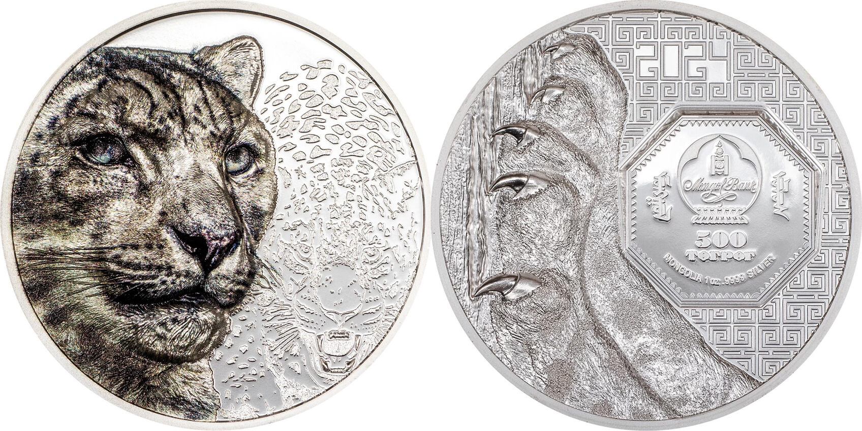 SNOW LEOPARD Wild Mongolia 1 Oz Silver Coin 500 Togrog Mongolia 2024 Proof  | MA-Shops