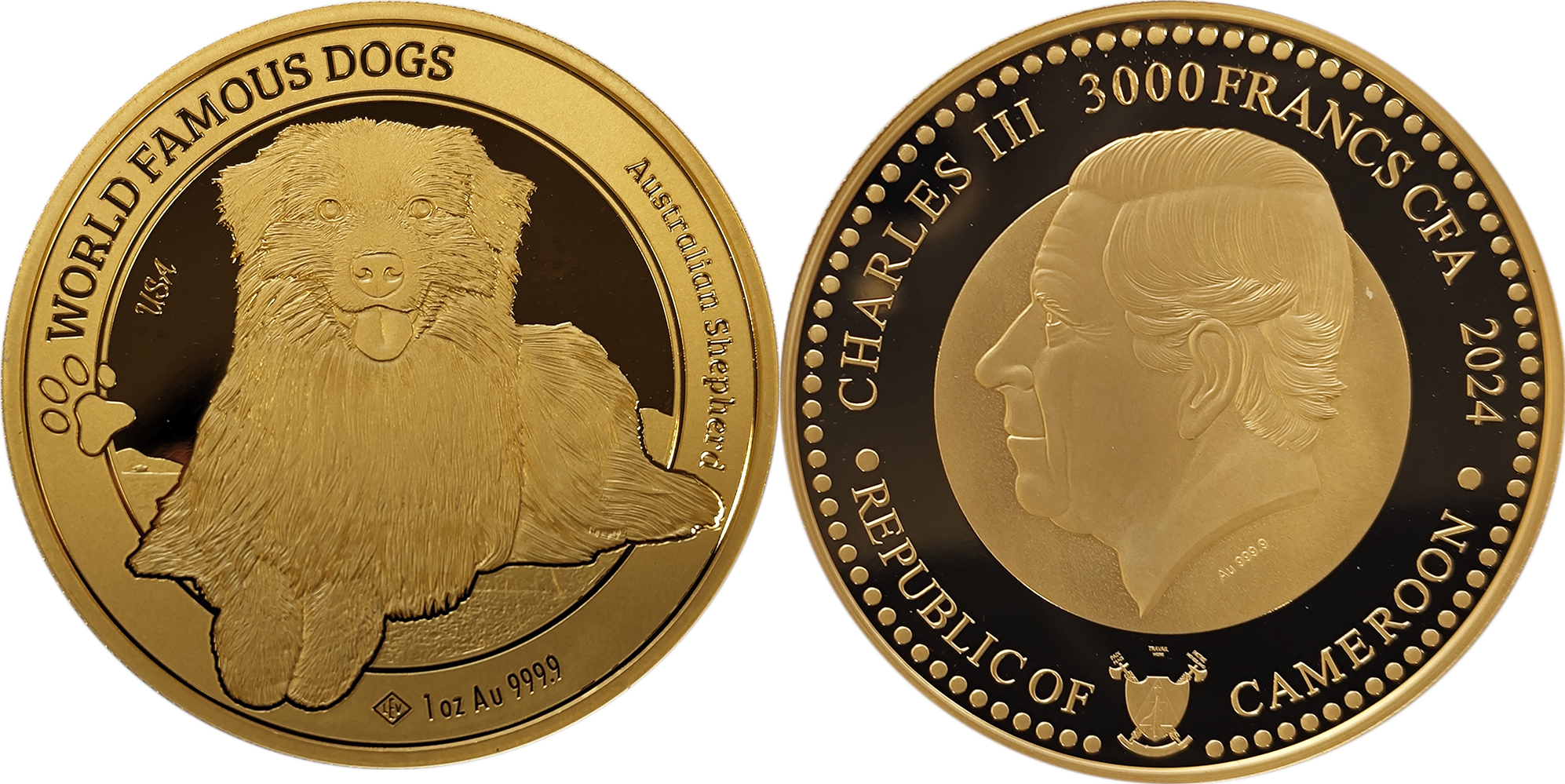 AUSTRALIAN SHEPHERD World Famous Dogs 1 Oz Gold Coin 3000 Francs