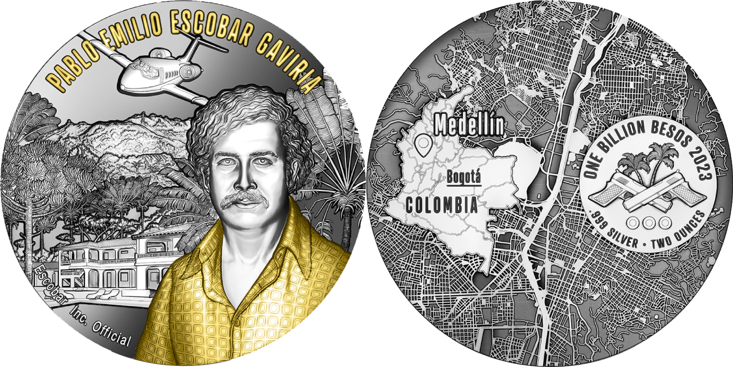 PABLO EMILIO ESCOBAR GAVIRIA Gilded 2 Oz Silver Coin 1 Billion Besos  Colombia 2023 Antique Finish | MA-Shops