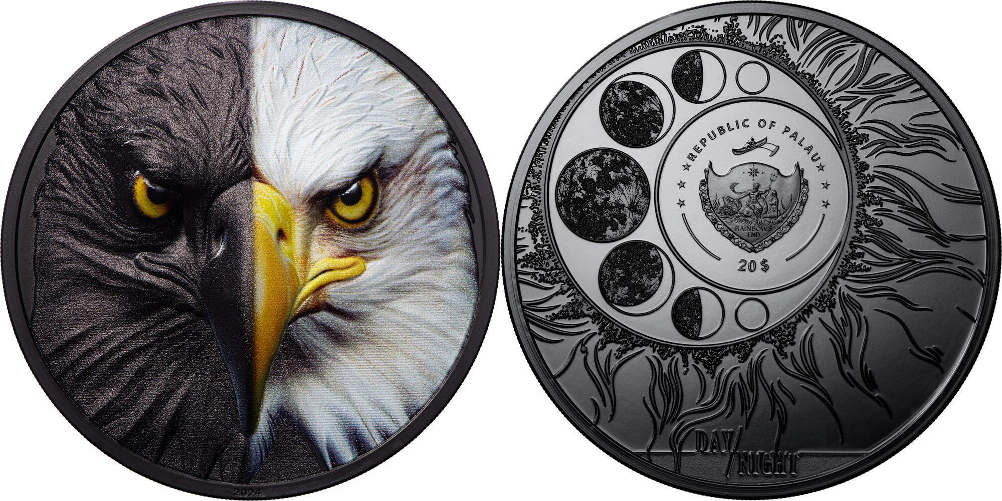 20 Dollars BALD EAGLE Day and Night 3 Oz Silver Coin 20$ Palau 2024  Obsidian Black Proof | MA-Shops