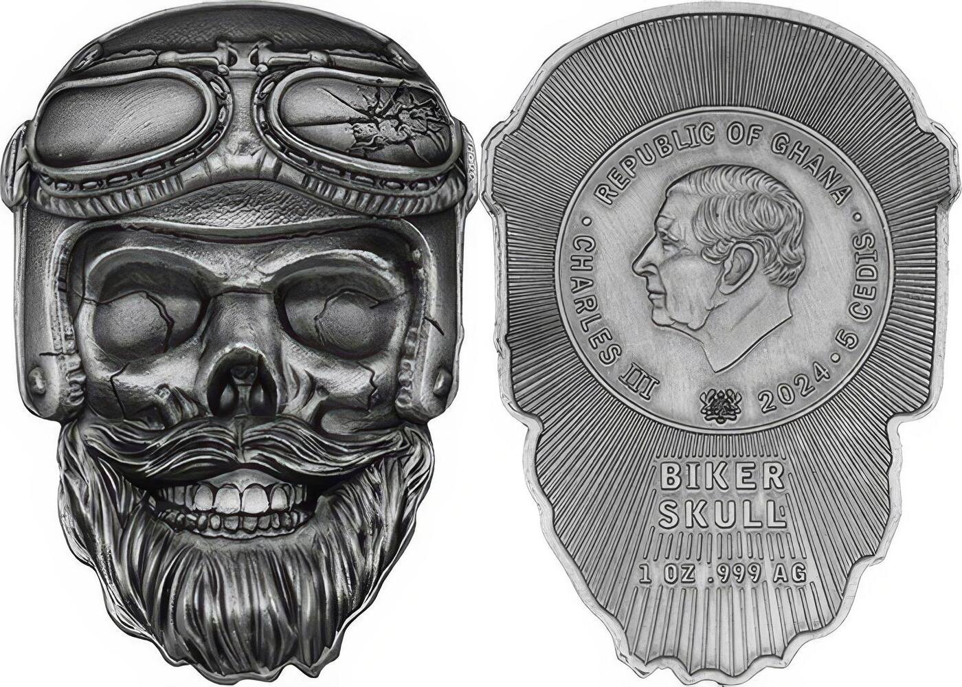 BIKER SKULL Shape 1 Oz Silver Coin 5 Cedis Ghana 2024 Antique Finish |  MA-Shops