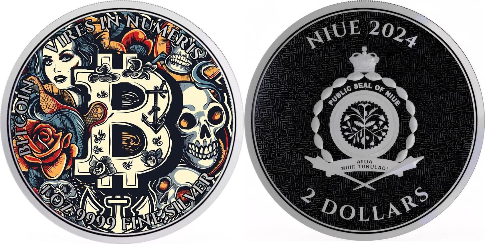2 Dollars TATTOO BITCOIN 1 Oz Silver Coin 2$ Niue 2024 BU - Brilliant  Uncirculated | MA-Shops