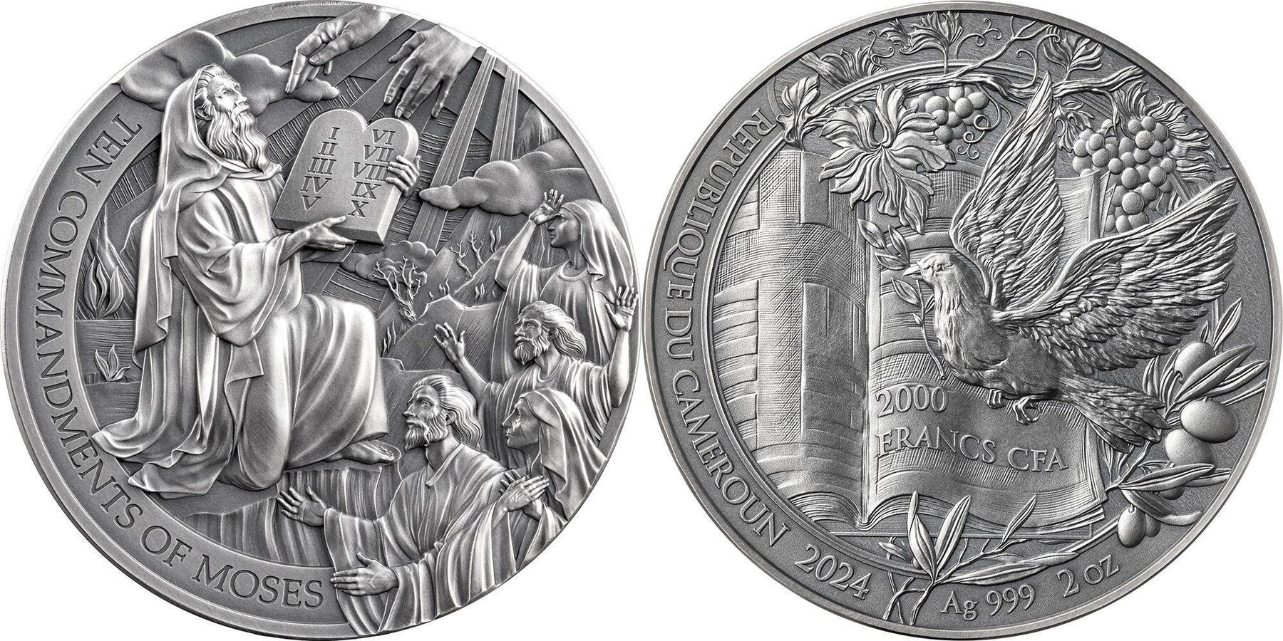 TEN COMMANDMENTS OF MOSES Bible Stories 2 Oz Silver Coin 2000 Francs ...