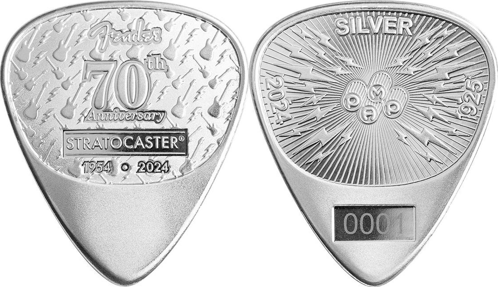 FENDER STRATOCASTER 70th Anniversary 351 Guitar Pick Silver Medal 2024 ...