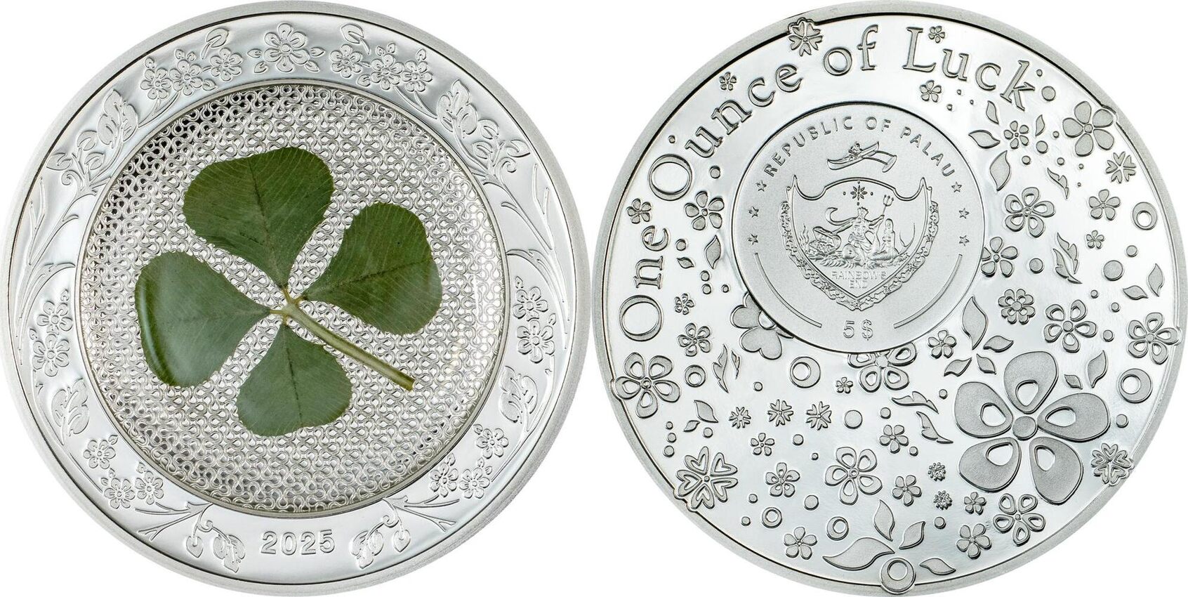 5 Dollars OUNCE OF LUCK Four Leaf Clover 1 Oz Silver Coin 5$ Palau 2025  Proof | MA-Shops
