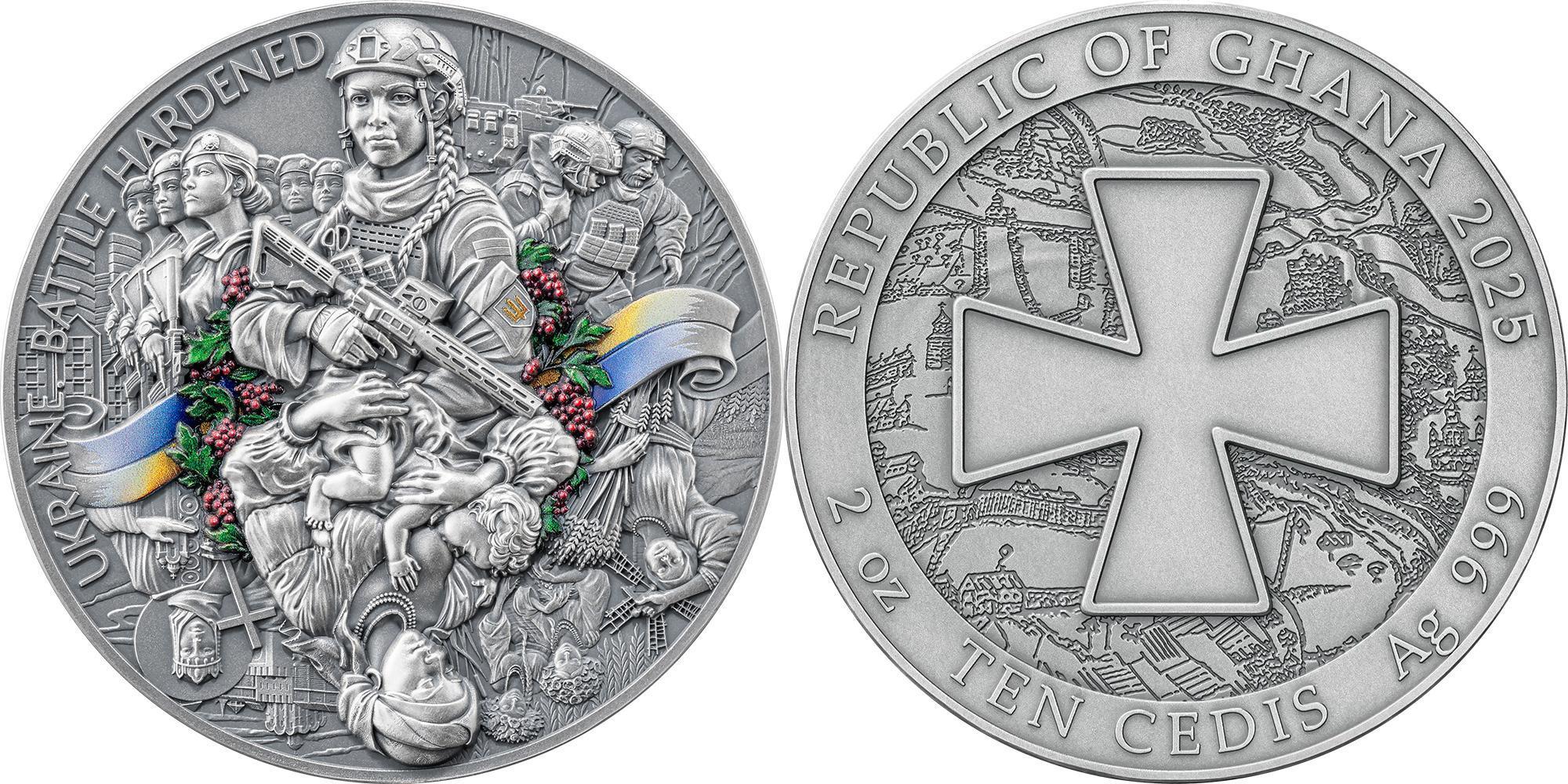 Cameroon UKRAINE BATTLE HARDENED 2.0 2 Oz Silver Coin 10 Cedis Ghana 2025  Antique Finish | MA-Shops