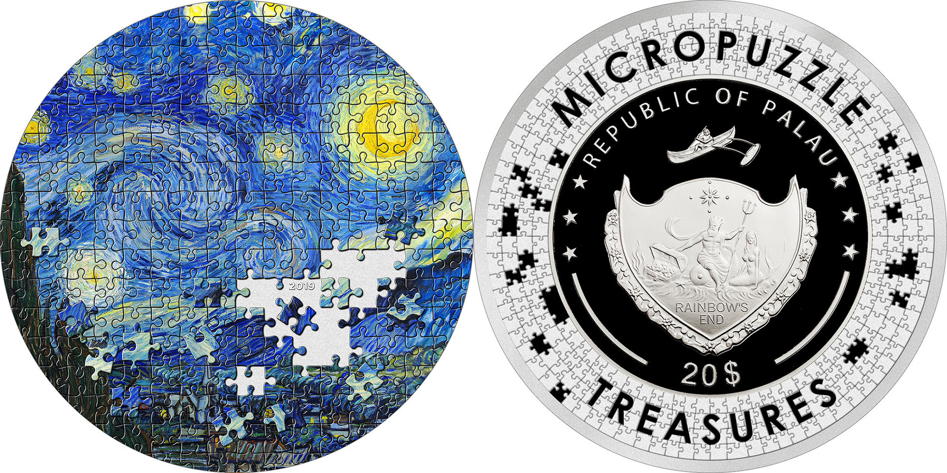 20 Dollars STARRY NIGHT Van Gogh Micropuzzle Treasures 3 Oz Silver