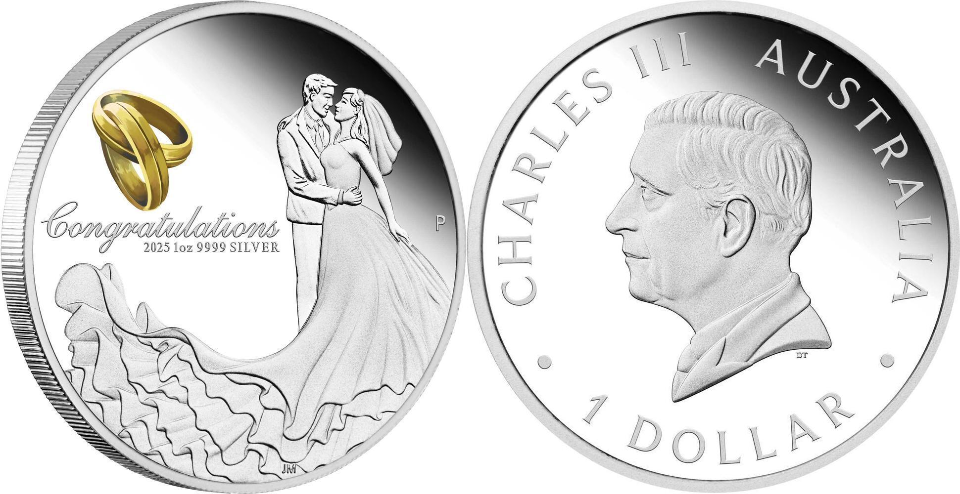 1 Dollar WEDDING COIN Love 1 Oz Silver Coin 1$ Australia 2025 Proof ...