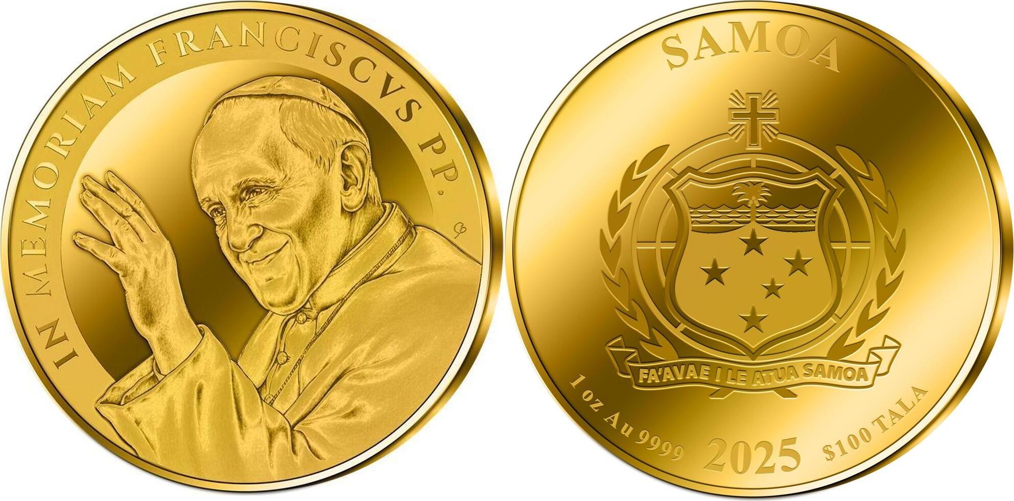 100 Dollars POPE FRANCIS 1 Oz Gold Coin 100$ Samoa 2025 Proof | MA-Shops