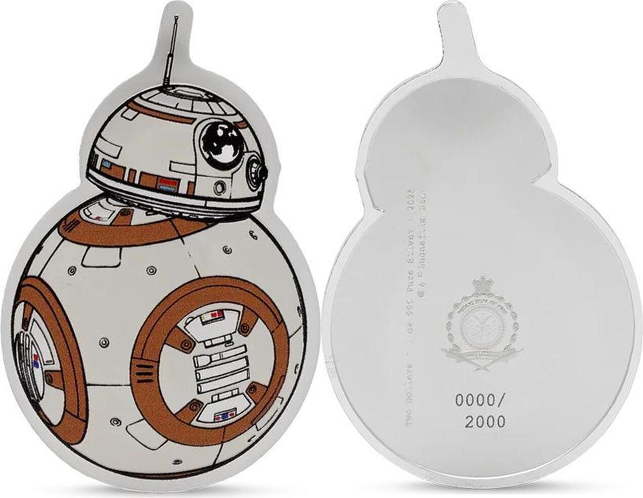 2 Dollars BB-8 Star Wars Droids Shaped 1 Oz Silver Coin 2$ Niue 2025 Proof  | MA-Shops