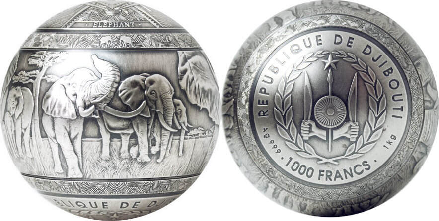 BIG FIVE ELEPHANT Spherical 1 Kg Kilo Silver Coin 1000 Francs