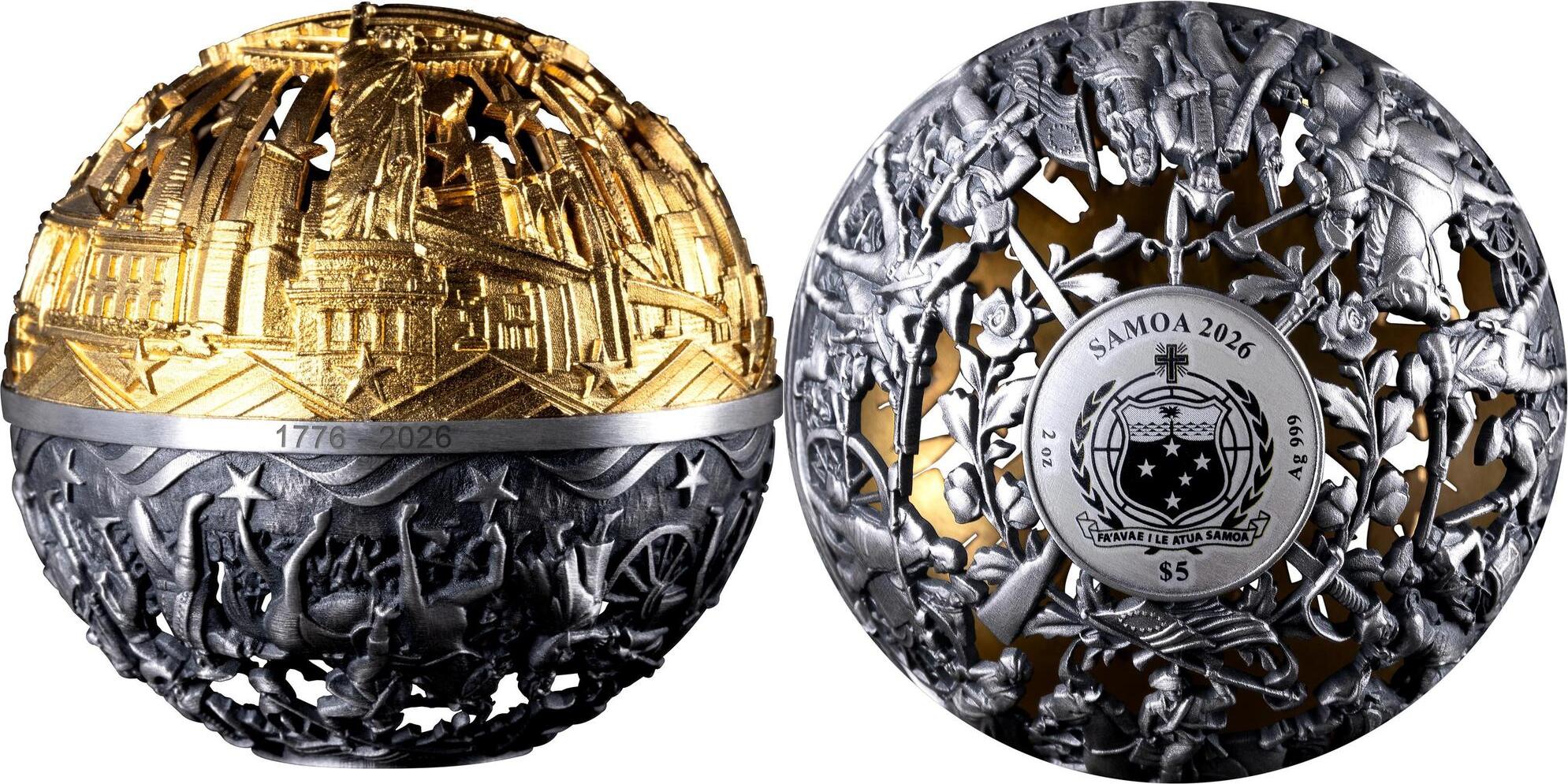 5 Dollars REVOLUTION AND FREEDOM Filigree Spherical 2 Oz Silver Coin 5$ Samoa 2026 Antique Finish