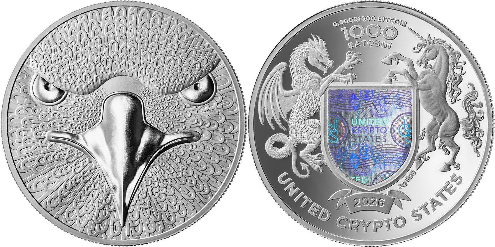 EAGLE OF BINARY WORLD 1 Oz Silver Coin 1000 Satoshi United Crypto States  2026 Proof | MA-Shops