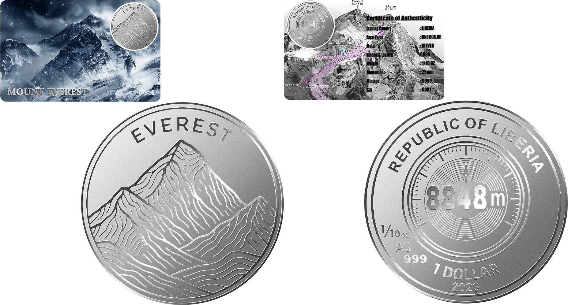 1 Dollar MOUNT EVEREST 1/10 Oz Silver Coin 1$ Liberia 2026