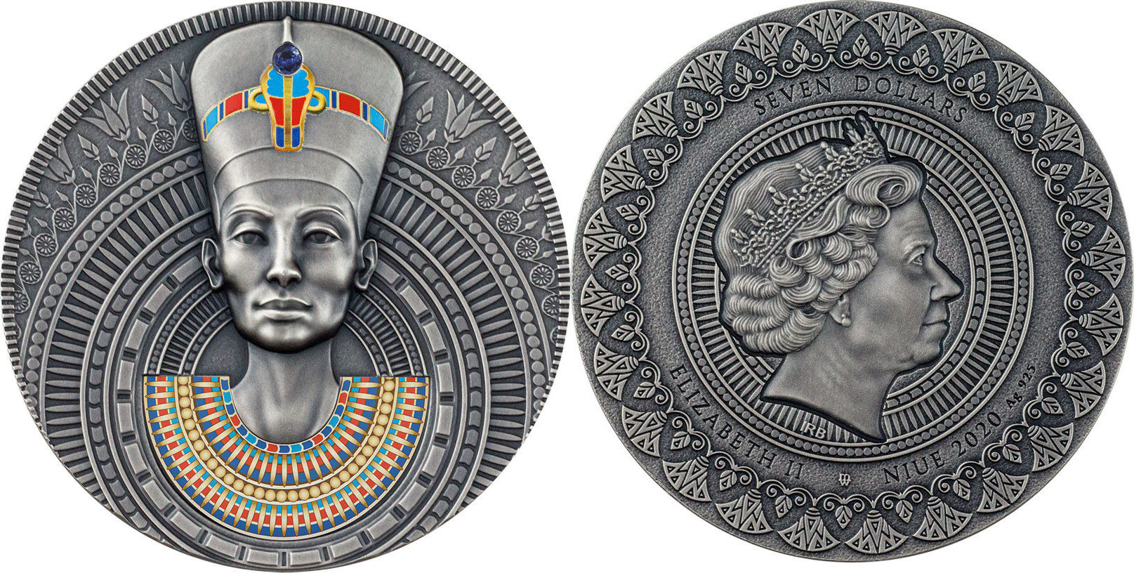 Franklin Mint フランスの銀貨 La Reine Néfertiti 7 Dollars NEFERTITI Queen of Antiquity 3 Oz Silver Coin 7$ Niue