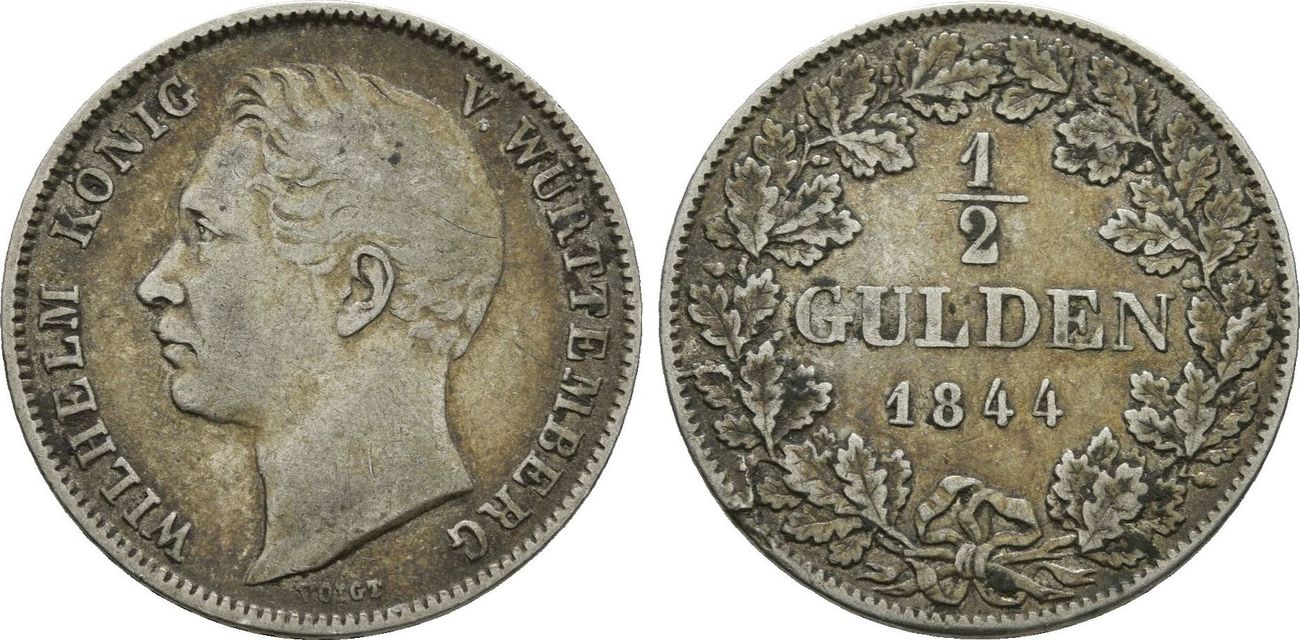 1/2 gulden 1844 württemberg: wilhelm i, 1816-1864: vf kleiner