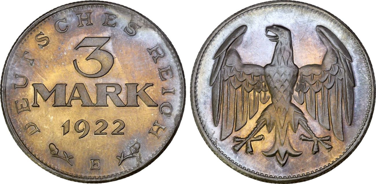Patina:Antike Flohmarktschätze mitアンティーク Ersatz und Inflationsmünzen, 1919-1923: 3 Mark 1922 E Herrliche