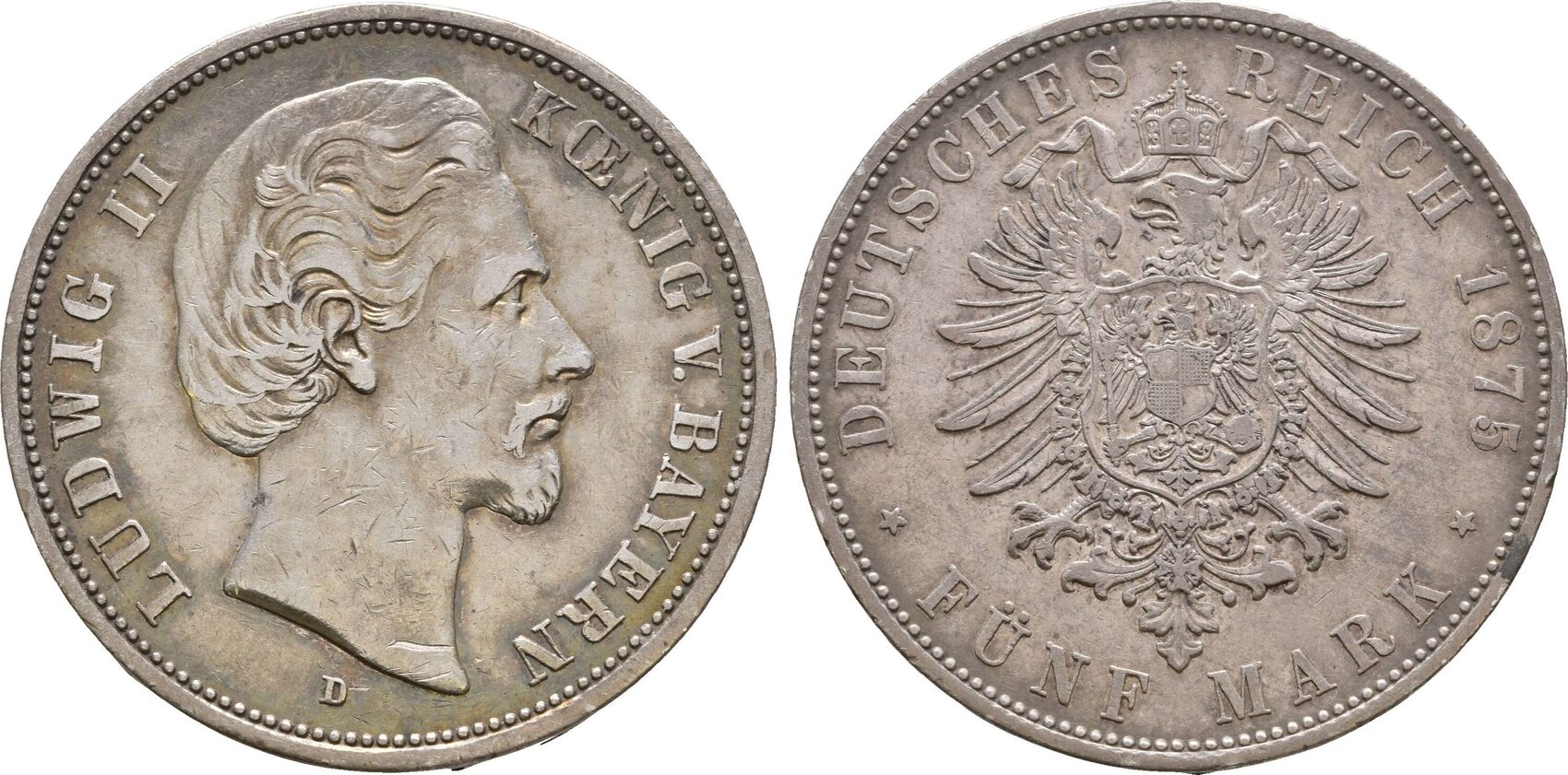 Kaiserreich: Bayern: 5 Mark 1875 D Ludwig II, 1864-1886: VF-EF schöne ...