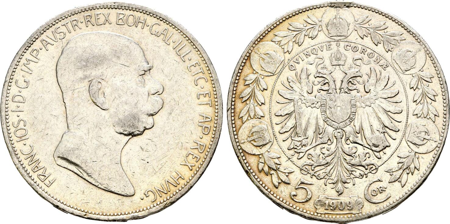 Österreich: 5 Kronen 1909 Franz Joseph I, 1848-1916: VF kleine ...