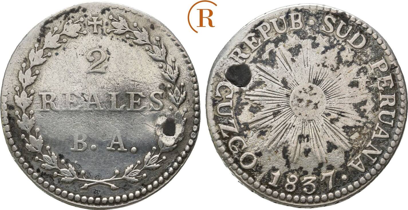 Peru: 2 Reales 1837 VF gestopftes Loch | MA-Shops