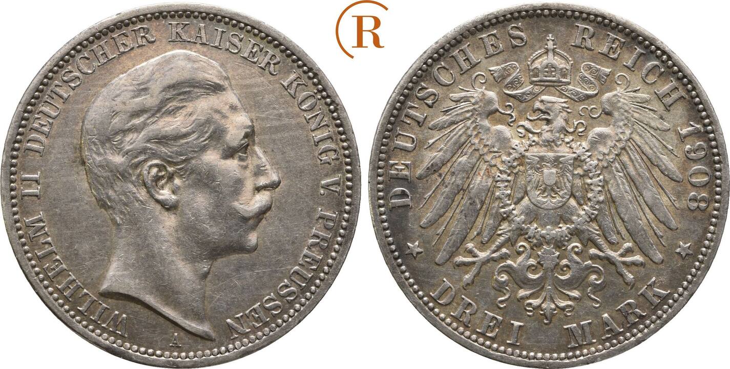 Kaiserreich: Preussen: 3 Mark 1908 A Wilhelm II, 1888-1918: VF-EF ...