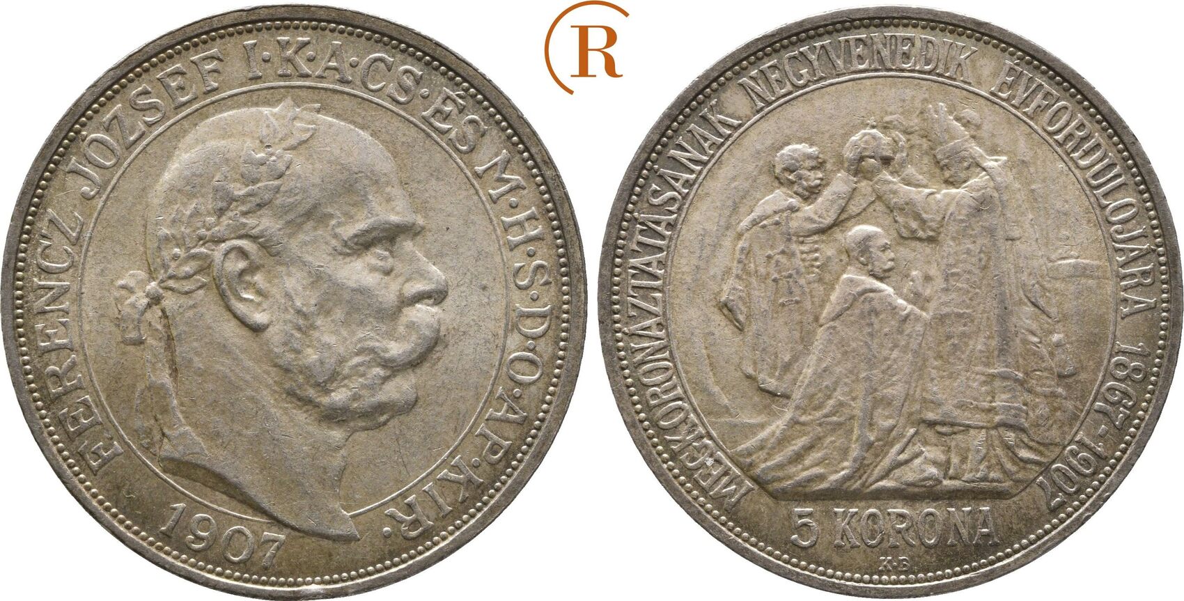 Habsburg 5 Kronen auf das Jubiläum der Krönung 1907 KB Franz Joseph I, 18481916 EF feine