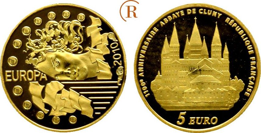 Frankreich: 5 Euro Gold Ansicht Der Abtei Von Cluny 2010 Proof 